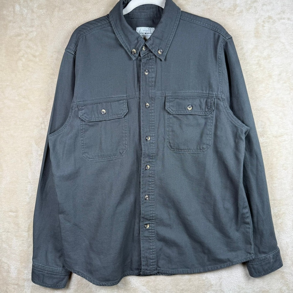 Lucky Brand Mens L Green Cotton Twill Washed & Worn Lng Slv Button Up Work Shirt